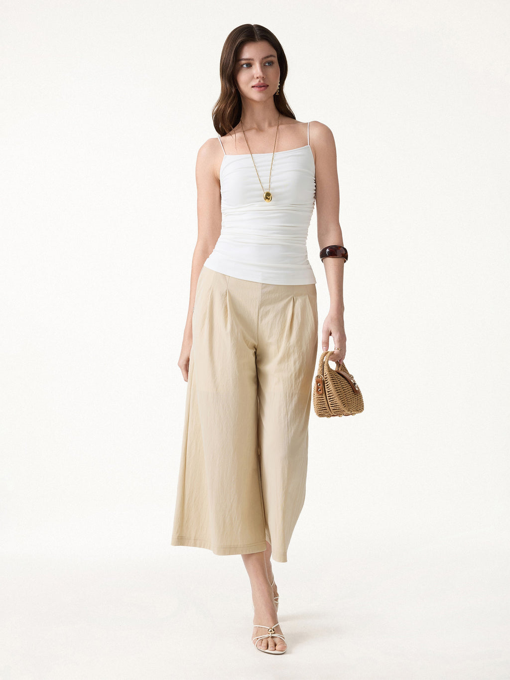 2Pcs Set Spaghetti Bra Top & Mid Rise Gathered Midi Skirt with Pockets
