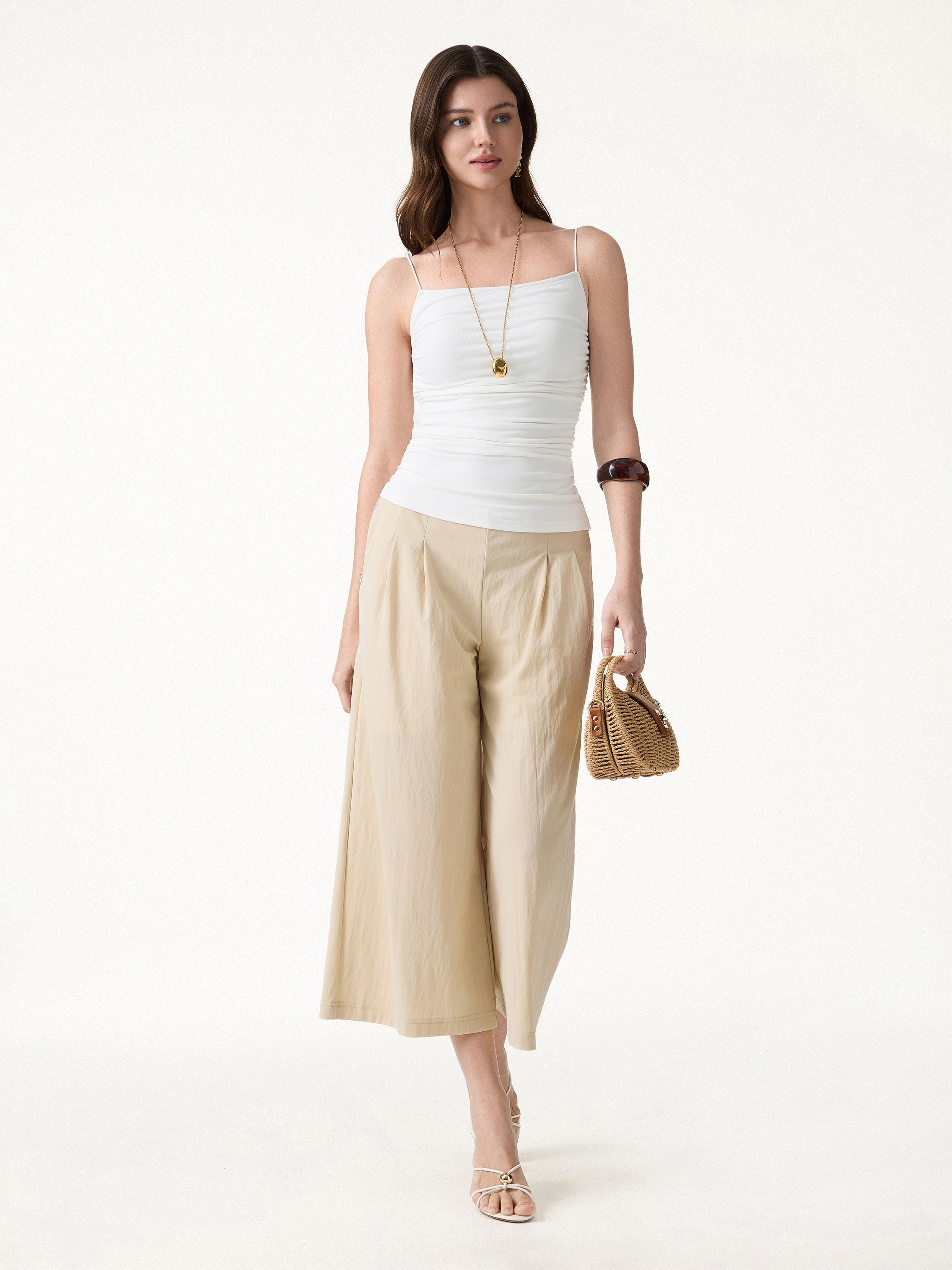 2Pcs Set Spaghetti Bra Top & Mid Rise Gathered Midi Skirt with Pockets