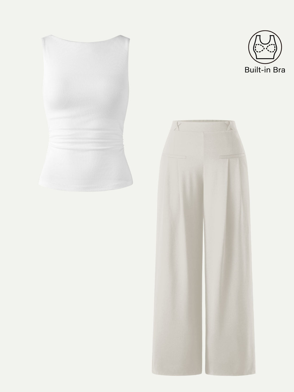 2Pcs Set Open Back Bra Tank & Mid Rise Wide Leg Trouser with Pockets