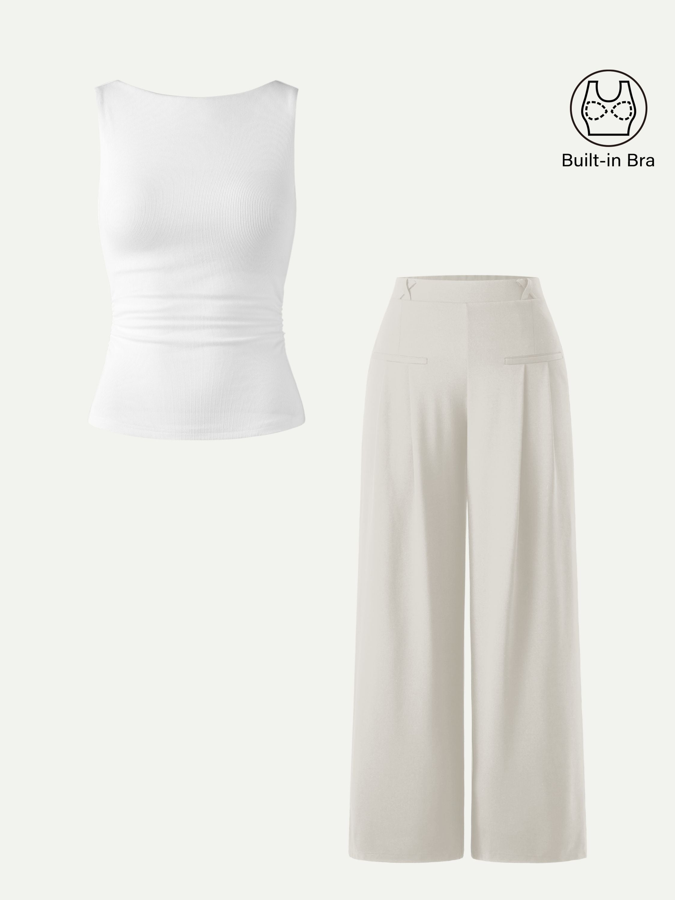 2Pcs Set Open Back Bra Tank & Mid Rise Wide Leg Trouser with Pockets