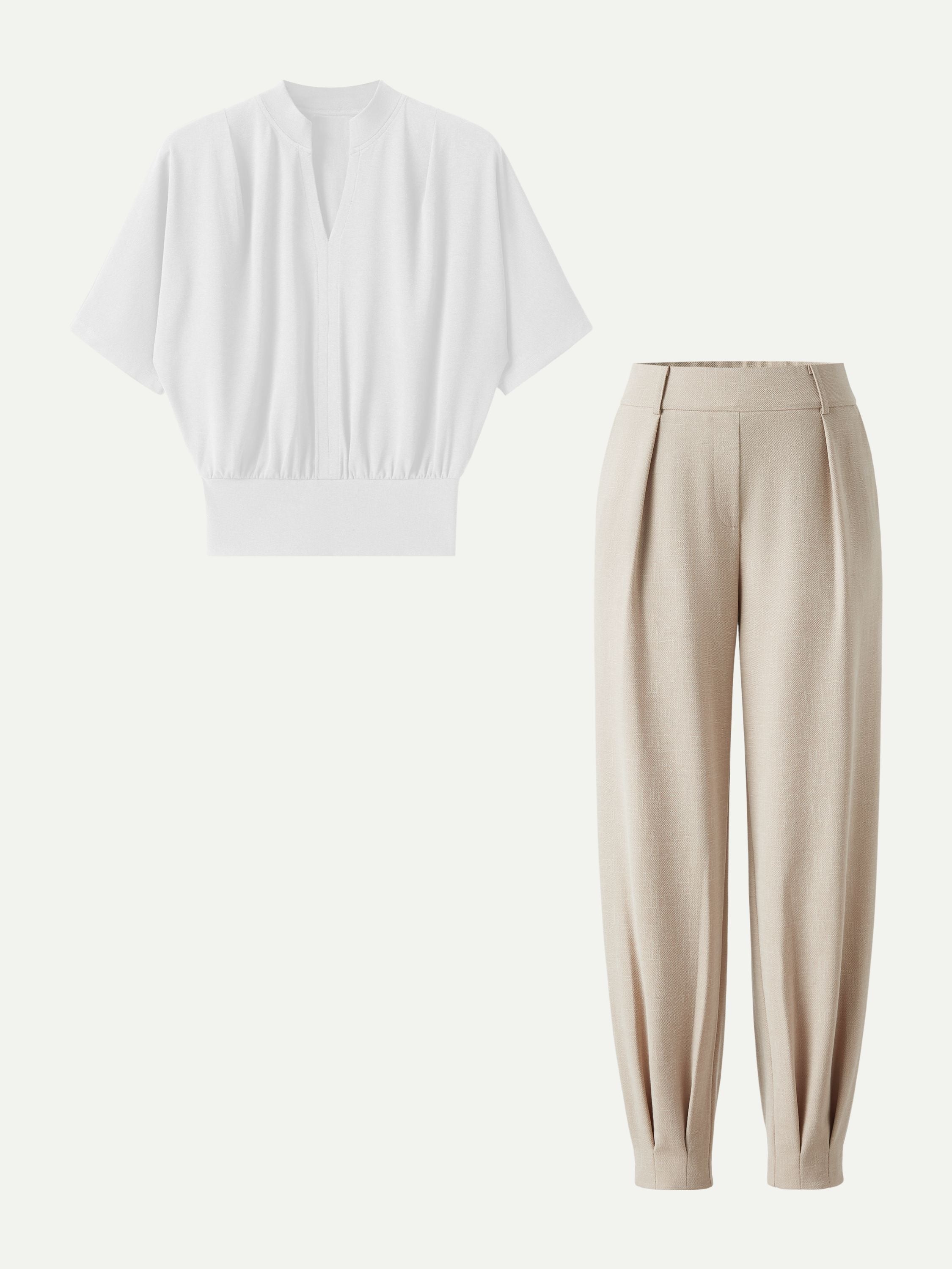 2Pcs Set Stand Collar V-Neck Top & Wrinkle-Resistant Tapered Pant