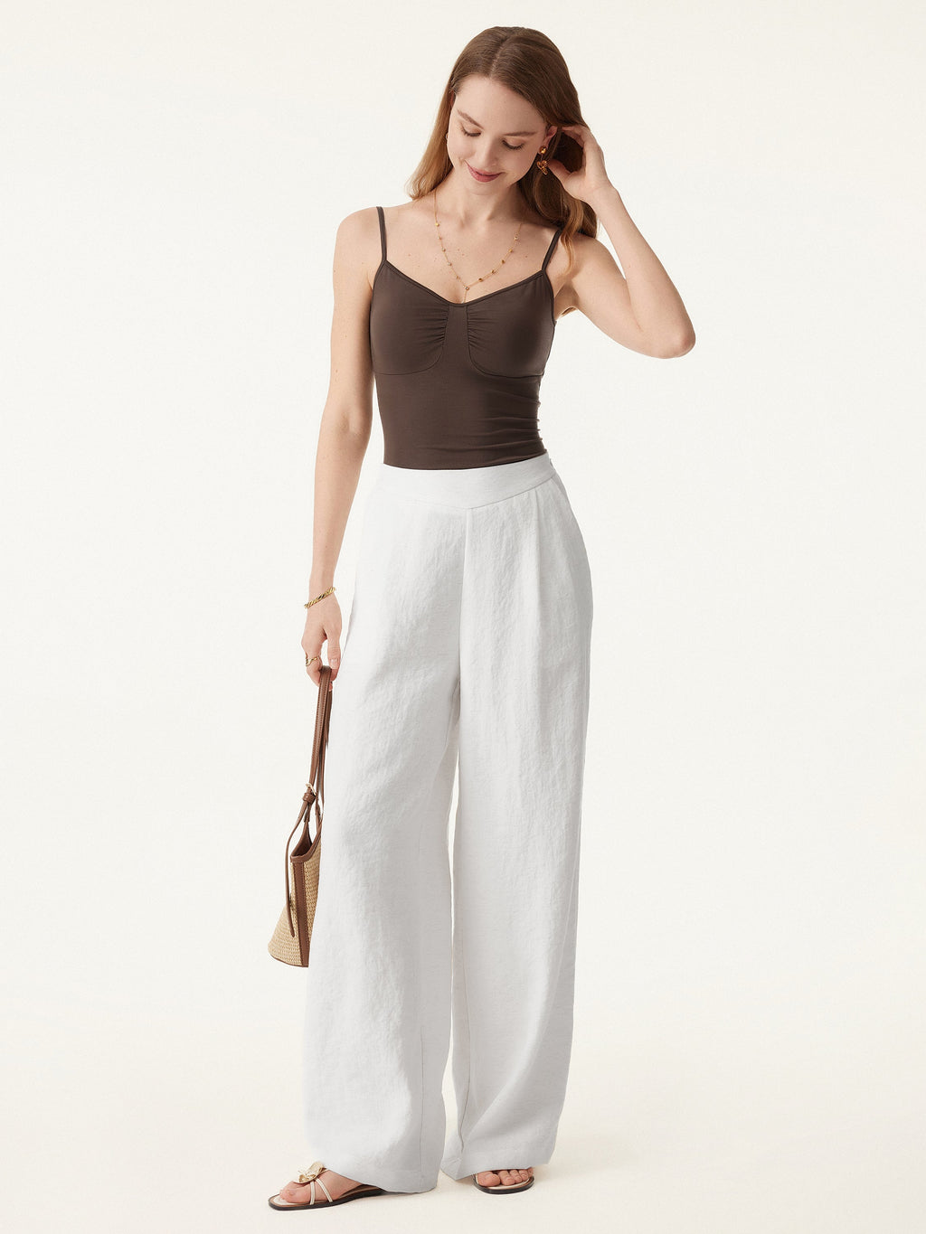 2Pcs Set V-neck Bra Top & Mid Rise Wide Leg Pant with Pockets
