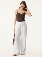 2Pcs Set V-neck Bra Top & Mid Rise Wide Leg Pant with Pockets