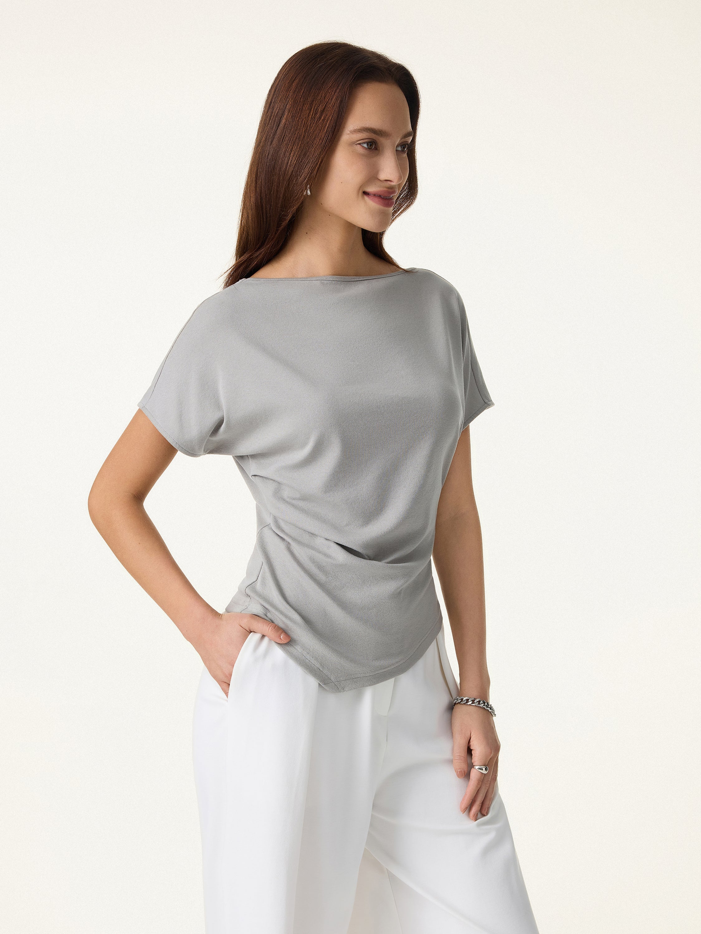 2Pcs Set Boatneck Angled Tee & Mid Rise Wide Leg Trousers