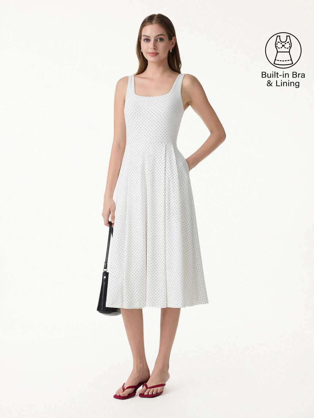 Stretch Cotton Polka Dot Square Neck Midi Bra Dress with Pockets Limited Edition
