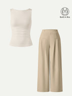 2Pcs Set Open Back Bra Tank & Mid Rise Wide Leg Trouser with Pockets