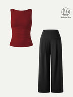 2Pcs Set Open Back Bra Tank & Mid Rise Wide Leg Trouser with Pockets
