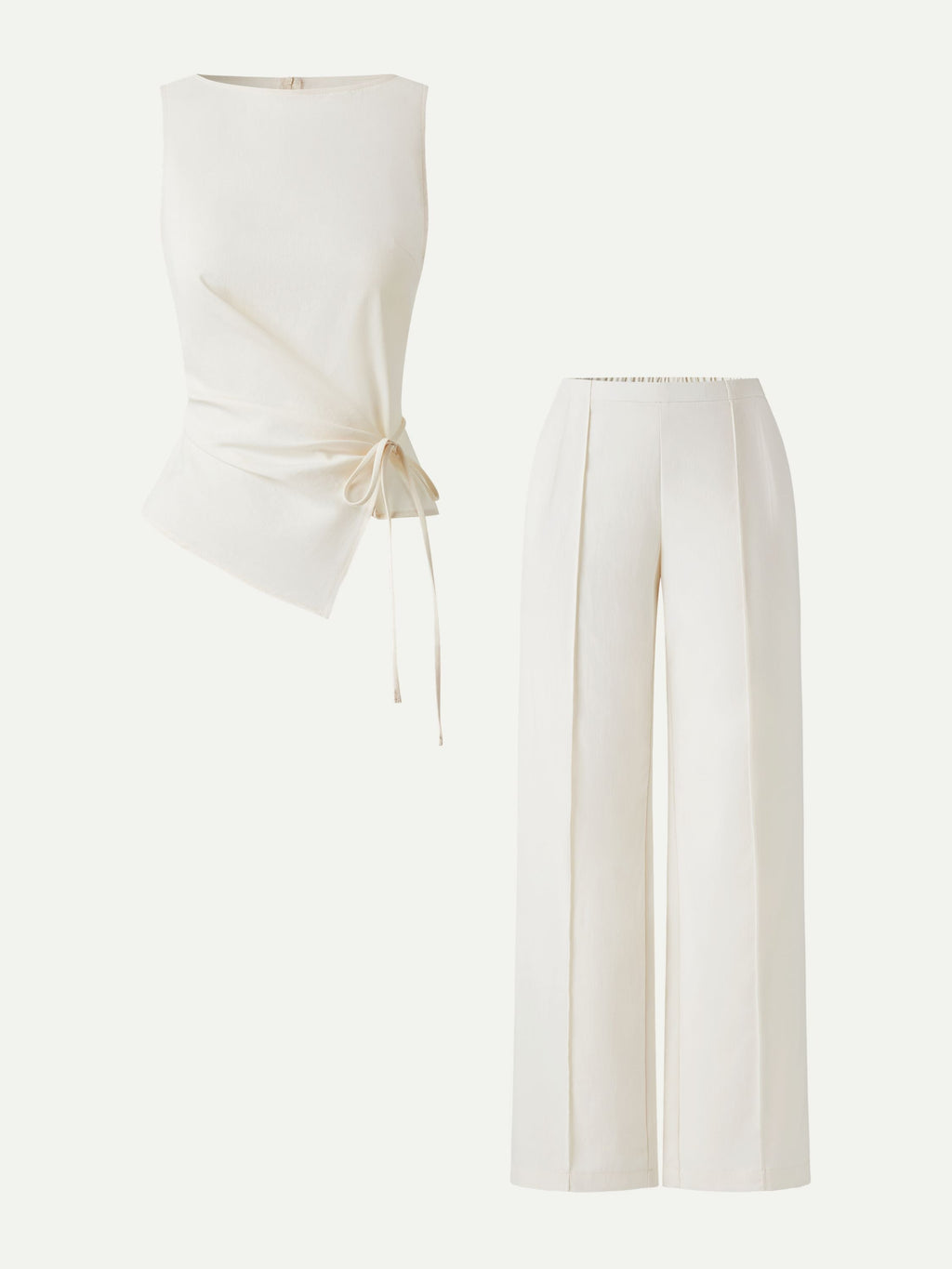 2Pcs Set Boatneck Waist-Defined Top & Pintuck Wide Leg Pant