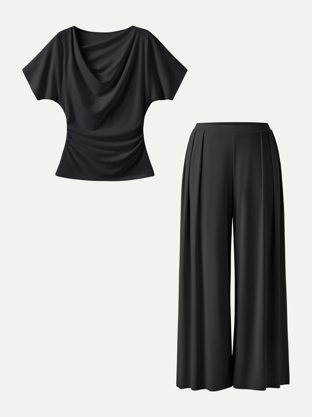 2Pcs Set Cowl Neck Ruched Top & Wide Leg Palazzo Pant with Pockets