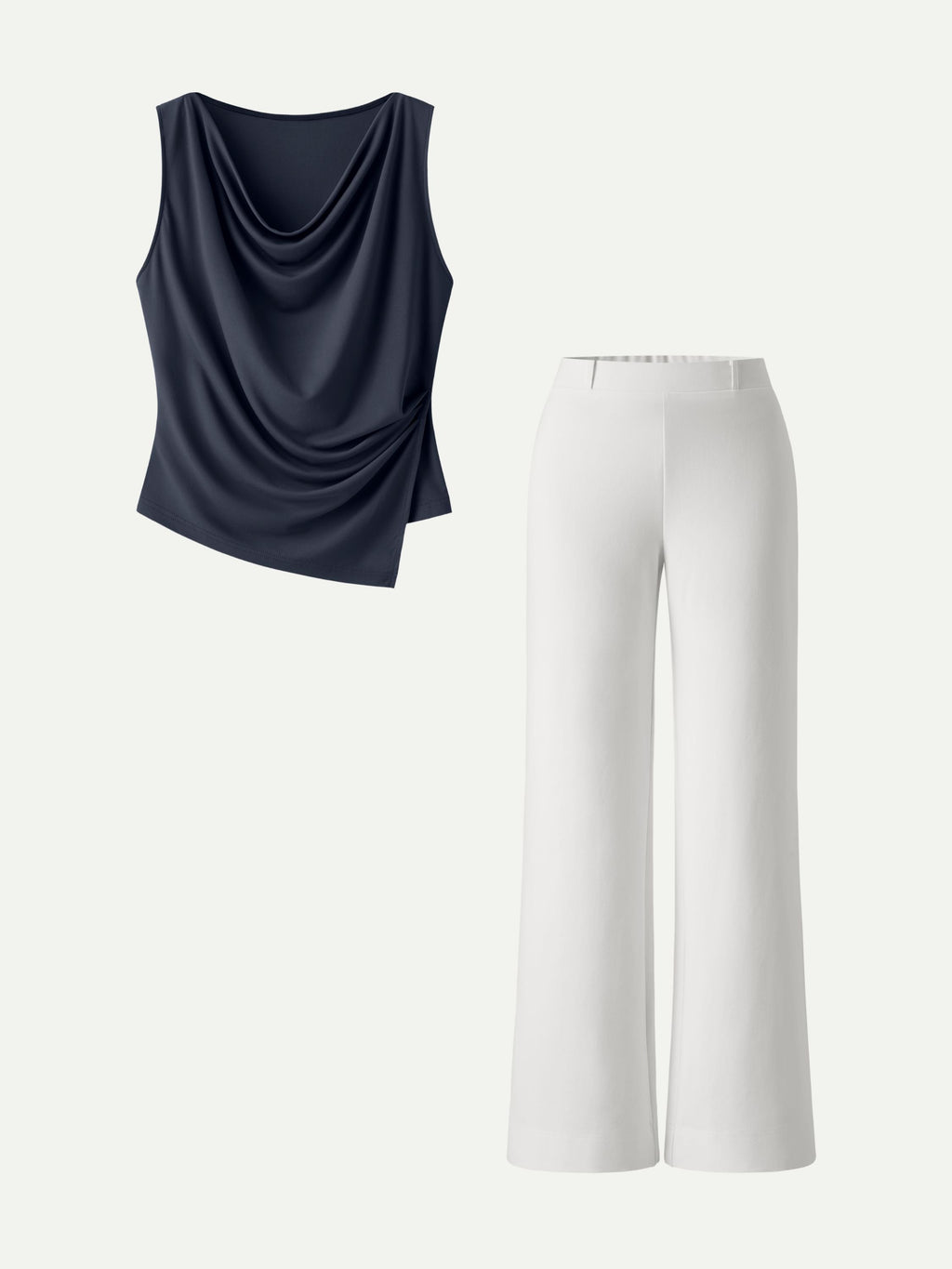 2Pcs Set Cowl Asymmetrical Tucked Top & Wide Leg Pant with Pockets