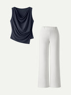 2Pcs Set Cowl Asymmetrical Tucked Top & Wide Leg Pant with Pockets