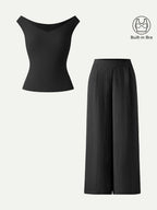 2Pcs Set V-neck Bra Top & Mid Rise Wide Leg Pant with Pockets