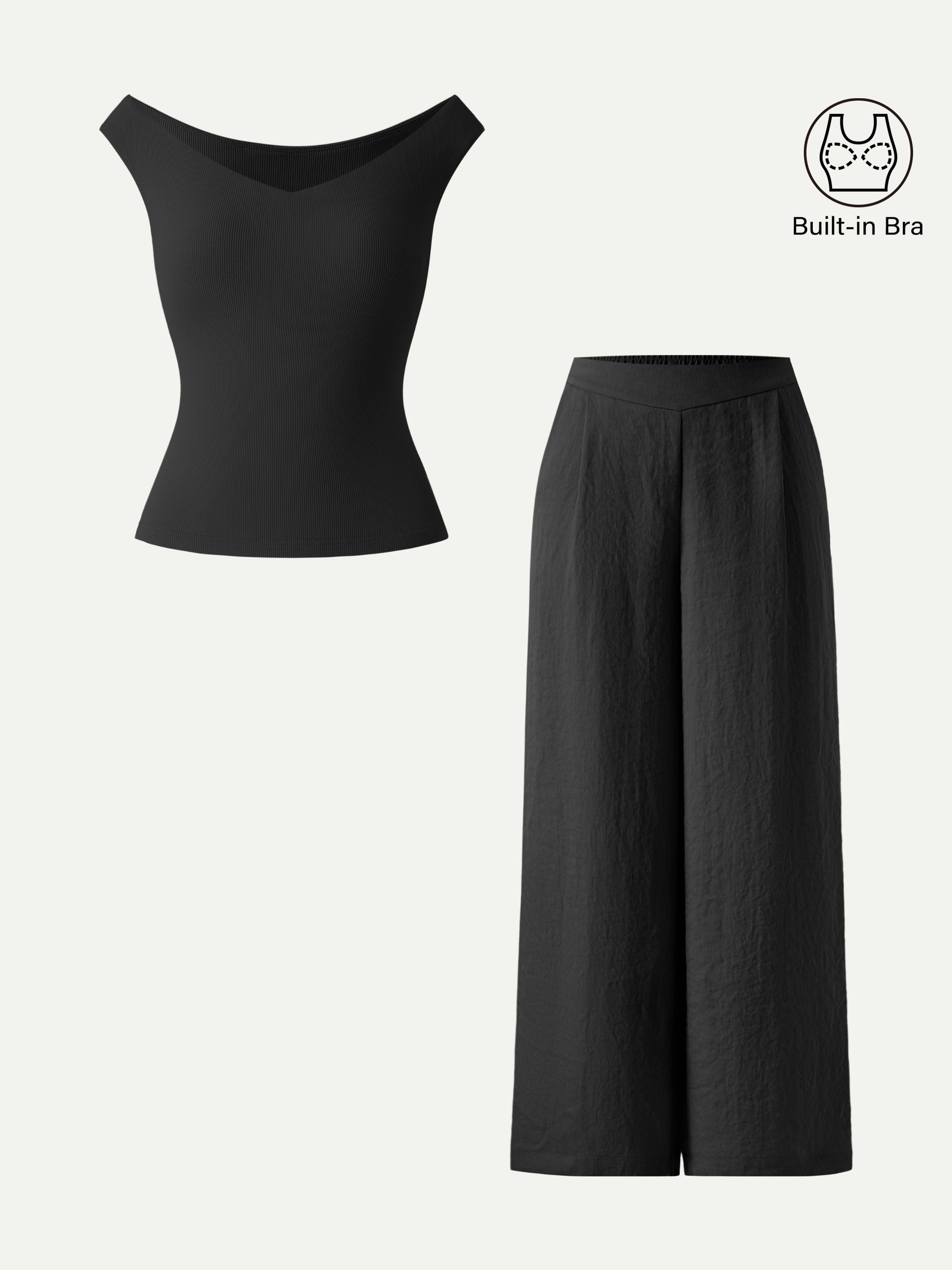 2Pcs Set V-neck Bra Top & Mid Rise Wide Leg Pant with Pockets