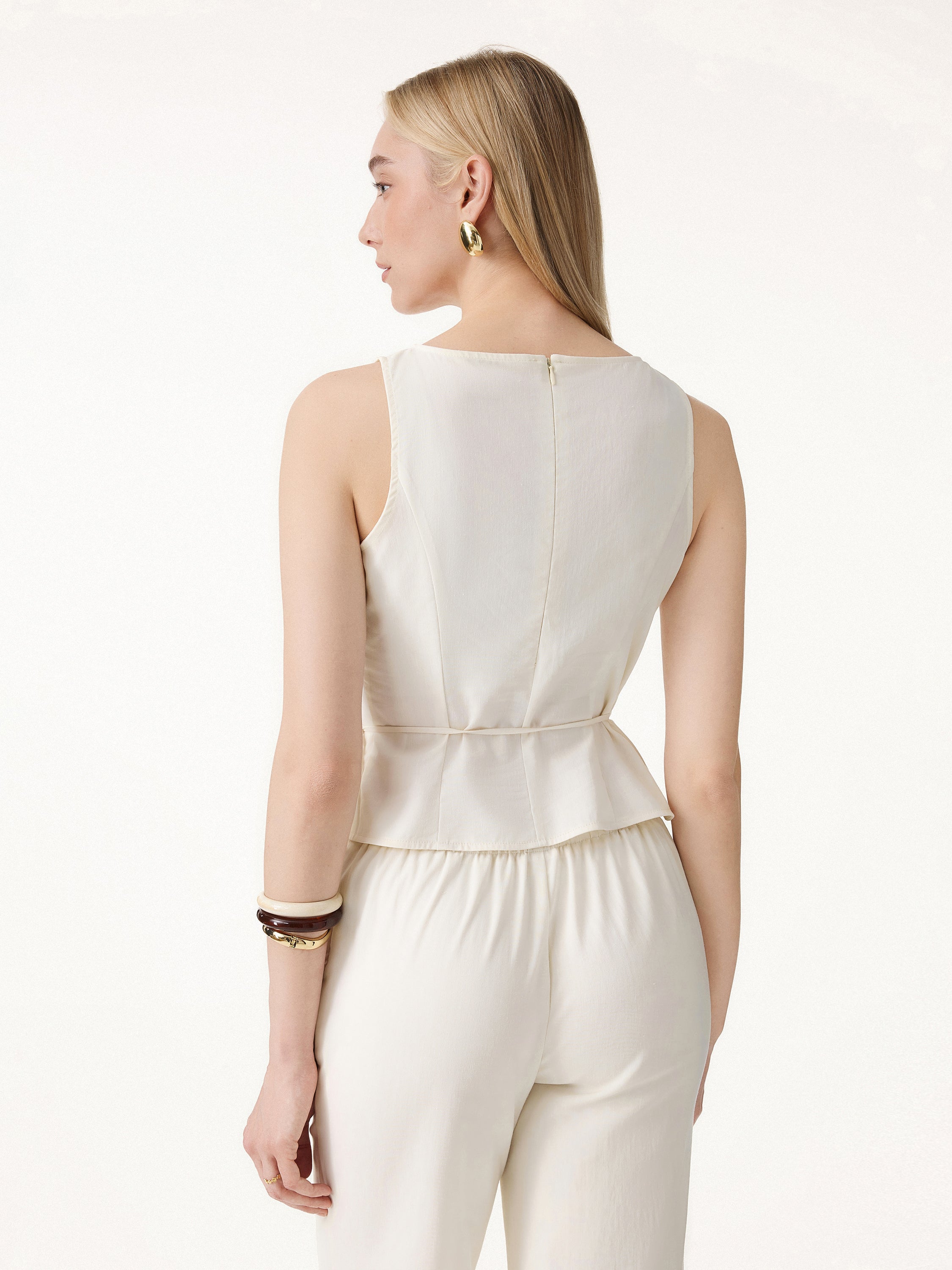 2Pcs Set Boatneck Waist-Defined Top & Tailored Shorts with Pockets