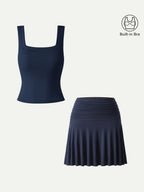 2Pcs Set Square Open-Back Bra Tank & Mini Circle Skirt with Lined Shorts