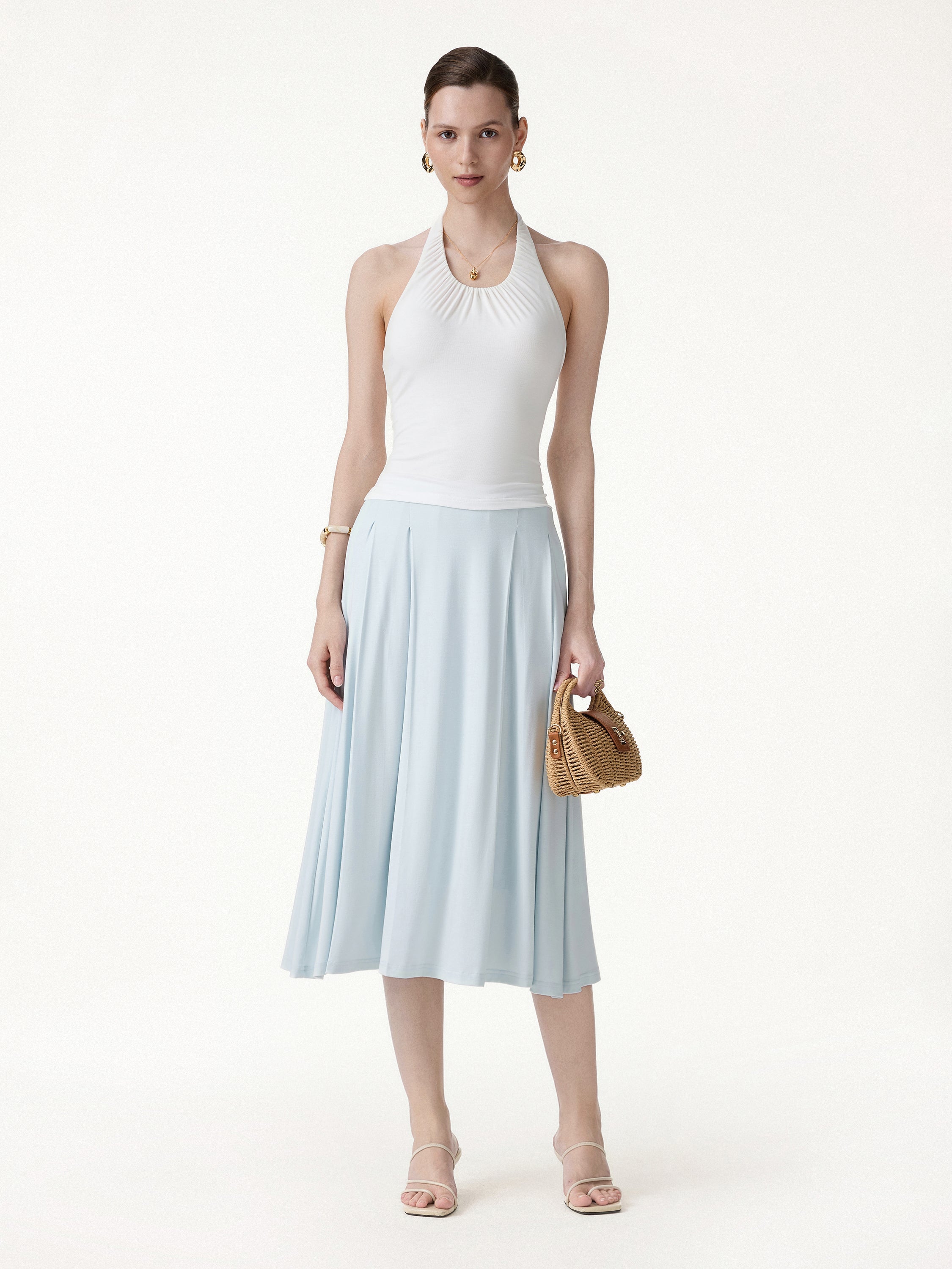 2Pcs Set Round Neck Twisted Bra Tank with Slit& Midi Skirt with Pockets