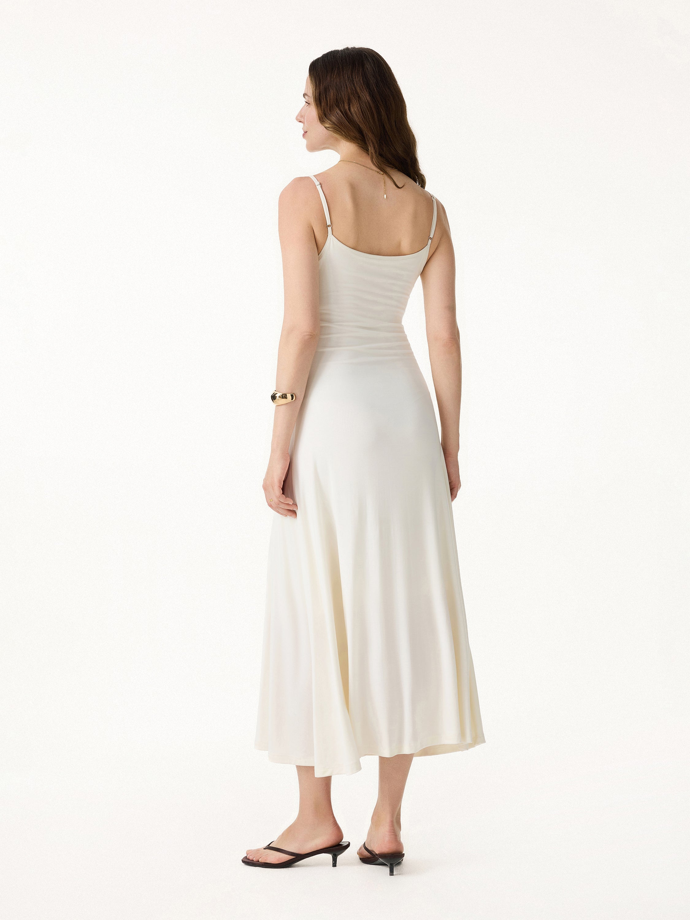 Cooling Lyocell Adjustable Spaghetti Strap Ruched Maxi Bra Dress