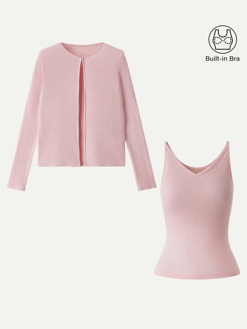 2Pcs Set V-Neck Spaghetti Bra Tank & Knit Relaxed Long Sleeve Cardigan