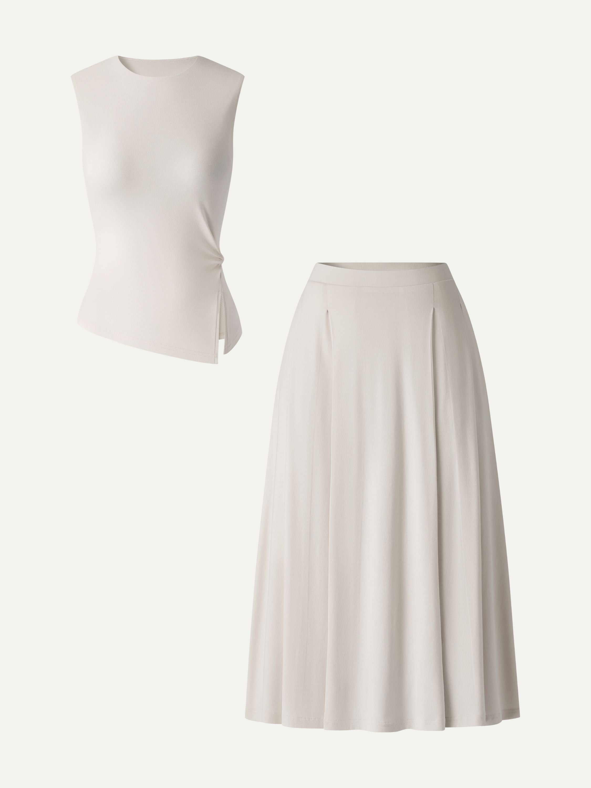 2Pcs Set Round Neck Twisted Bra Tank with Slit& Midi Skirt with Pockets