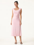 Scoop Neck Side Ruched New Airy Bra Midi Dress