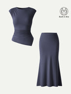 2Pcs Set Cap Sleeve Asymmetrical Bra Top & Mermaid Flare Maxi Skirt