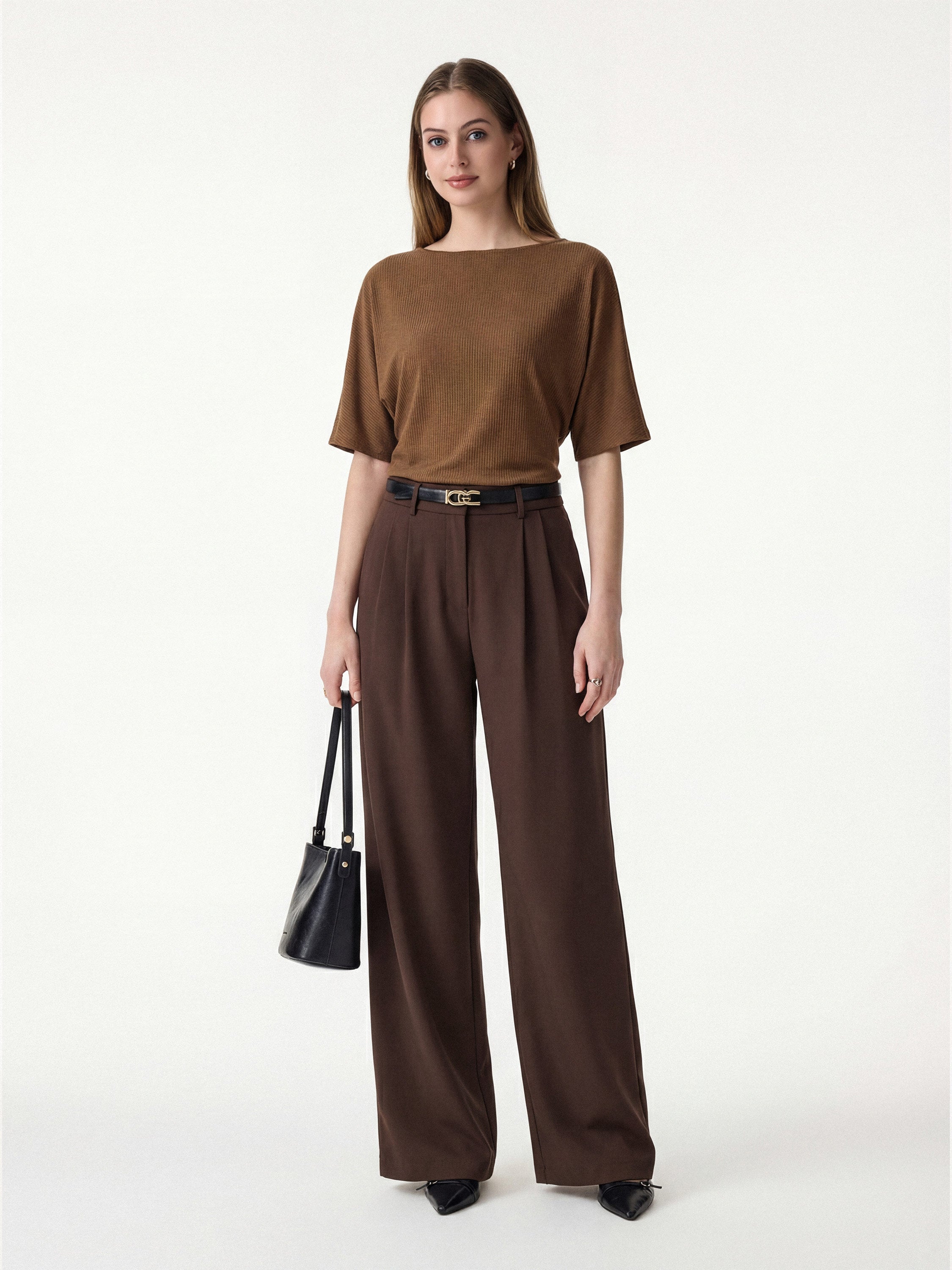 2Pcs Set Boatneck Relaxed Top & Wide Leg Pant with Pockets