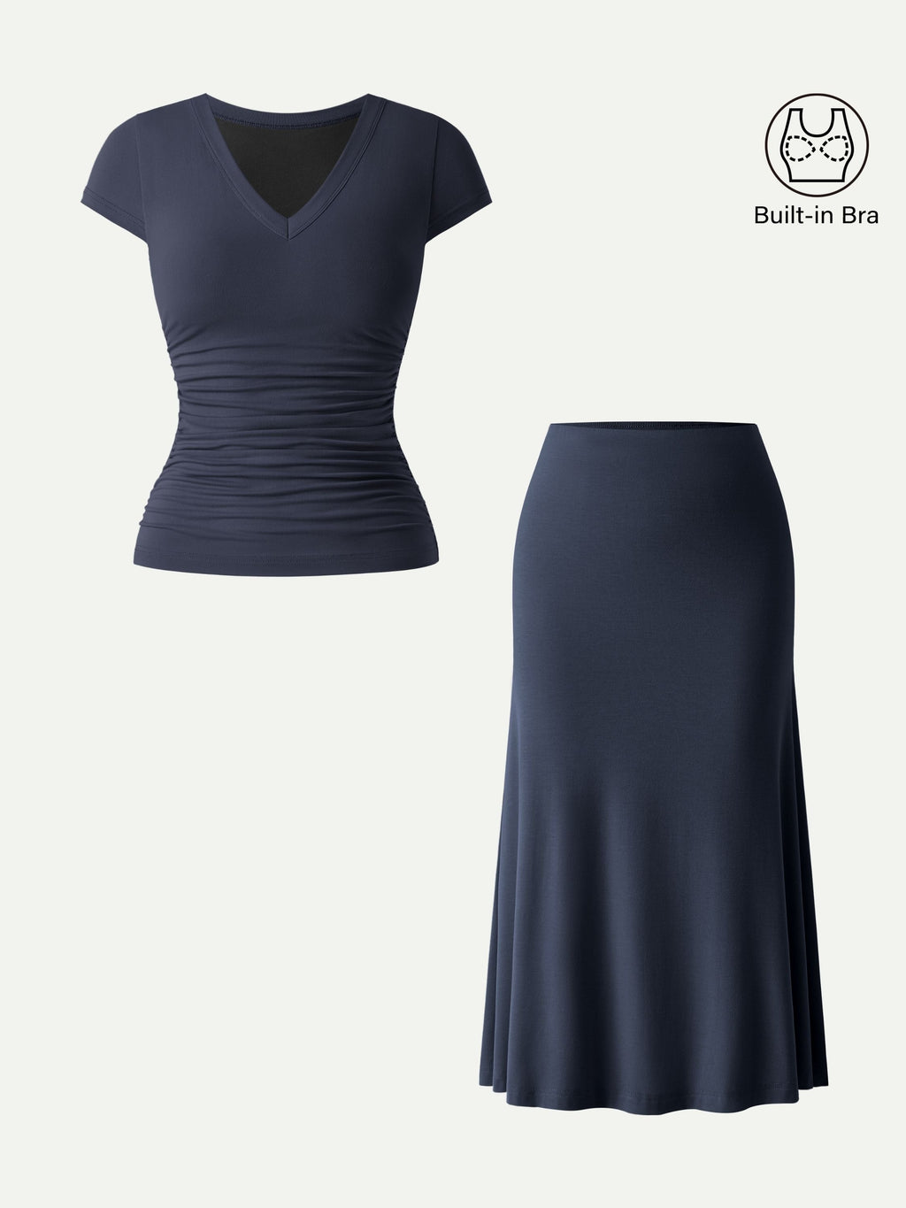 2Pcs Set V-neck Cap Sleeve Bra Tee & Pull-on Mermaid Midi Skirt