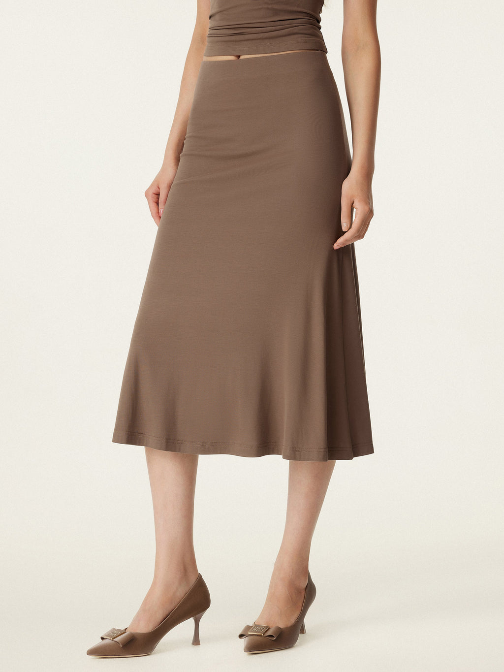 2Pcs Set V-neck Cap Sleeve Bra Tee & Pull-on Mermaid Midi Skirt