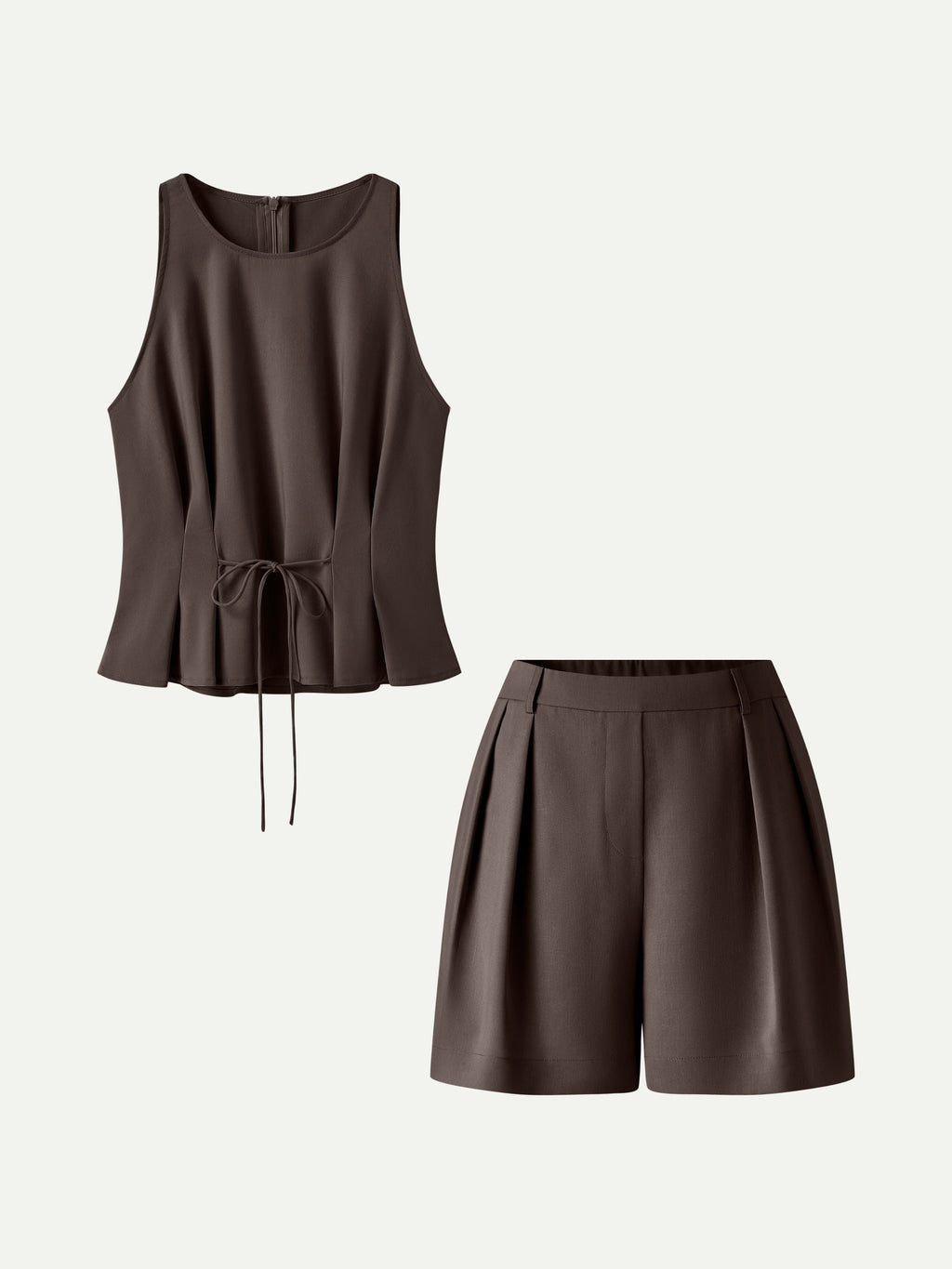 2Pcs Set Pleated Self-Tie Top & Tailored Shorts with Pockets