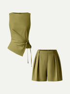 2Pcs Set Boatneck Waist-Defined Top & Tailored Shorts with Pockets