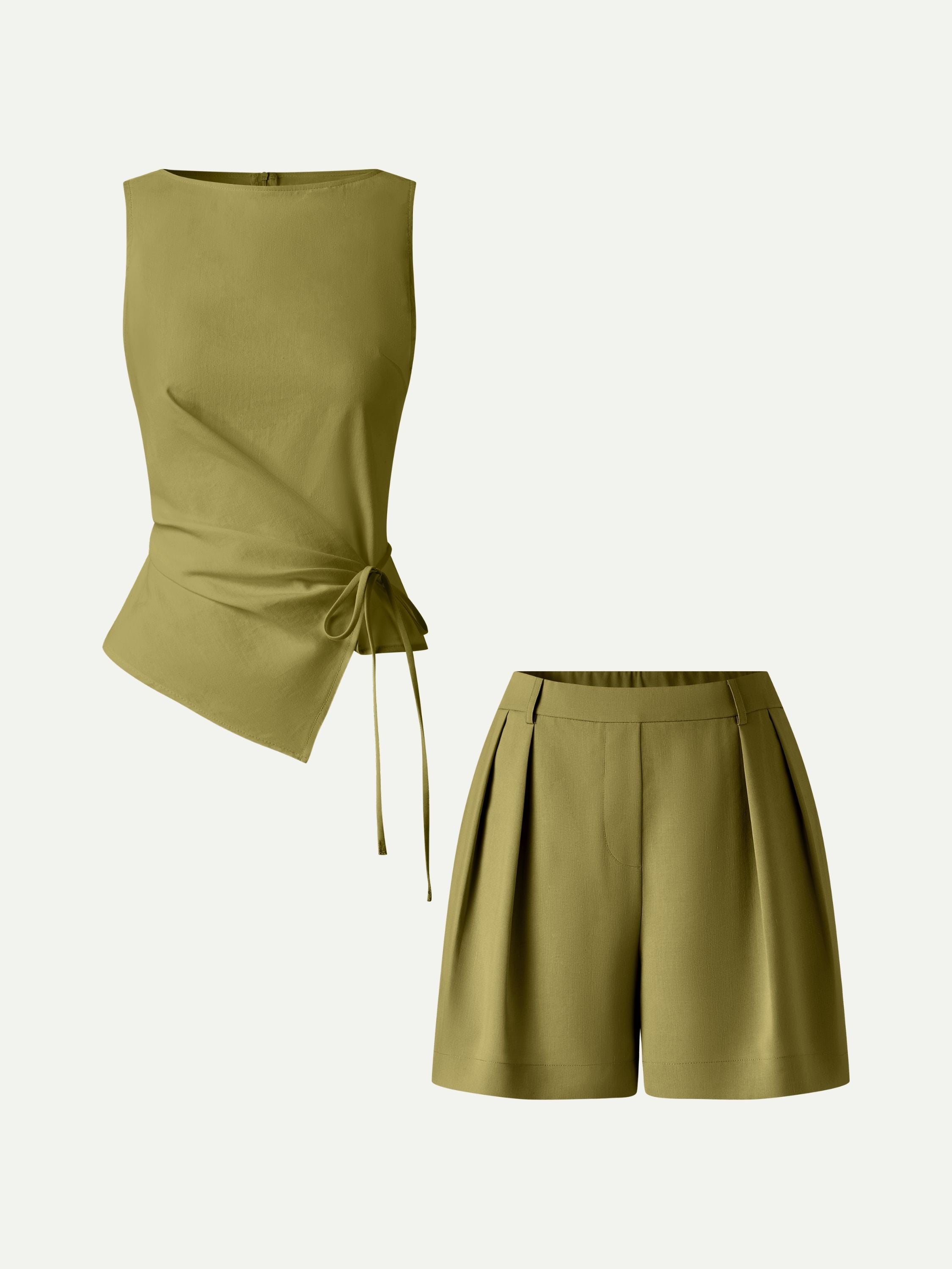 2Pcs Set Boatneck Waist-Defined Top & Tailored Shorts with Pockets
