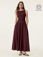 2Pcs Set Stretch Cotton Boatneck Bra Tank & Maxi Umbrella Skirt with Pockets