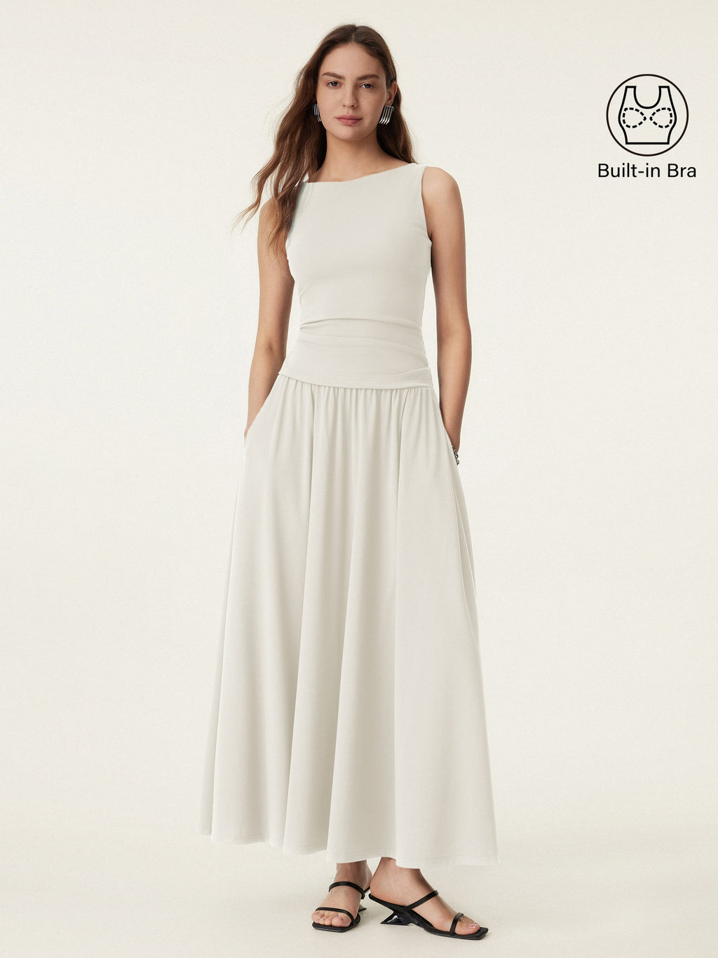 2Pcs Set Stretch Cotton Boatneck Bra Tank & Maxi Umbrella Skirt with Pockets