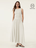 2Pcs Set Stretch Cotton Boatneck Bra Tank & Maxi Umbrella Skirt with Pockets