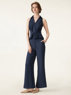 2Pcs Set Collared V-neck Sleeveless Top & Mid Rise Flared Pant with Pockets