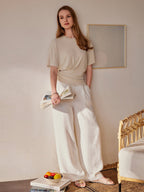 2Pcs Set Crewneck Tee & Mid Rise Wide Leg Pant with Pockets