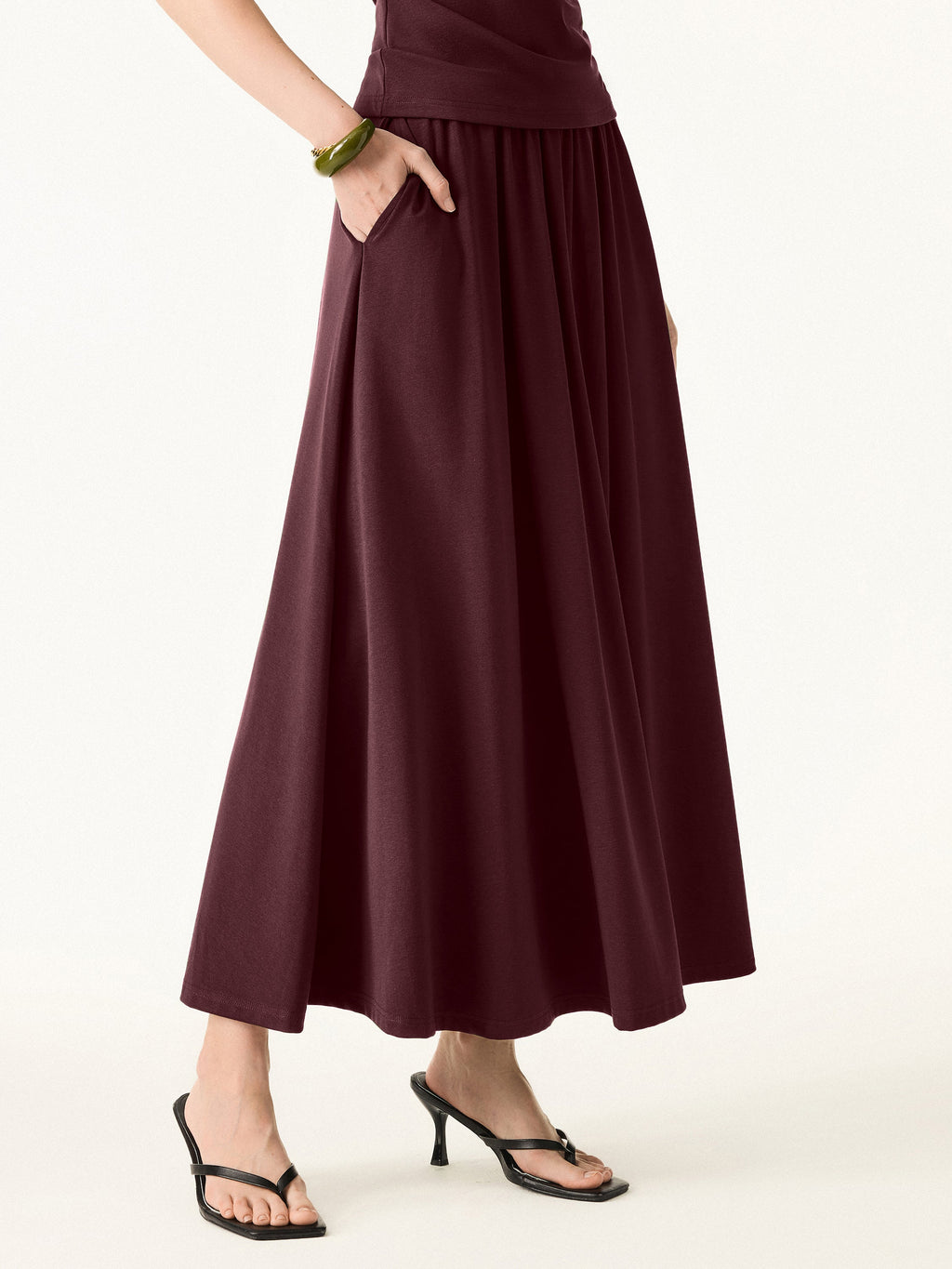 2Pcs Set Stretch Cotton Boatneck Bra Tank & Maxi Umbrella Skirt with Pockets