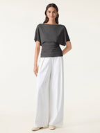 2Pcs Set Boatneck Batwing Sleeve Top & Wide Leg Palazzo Pant with Pockets
