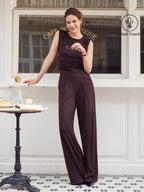 2Pcs Set Tucked Asymmetrical Hem Top & High Rise Wide Leg Pant