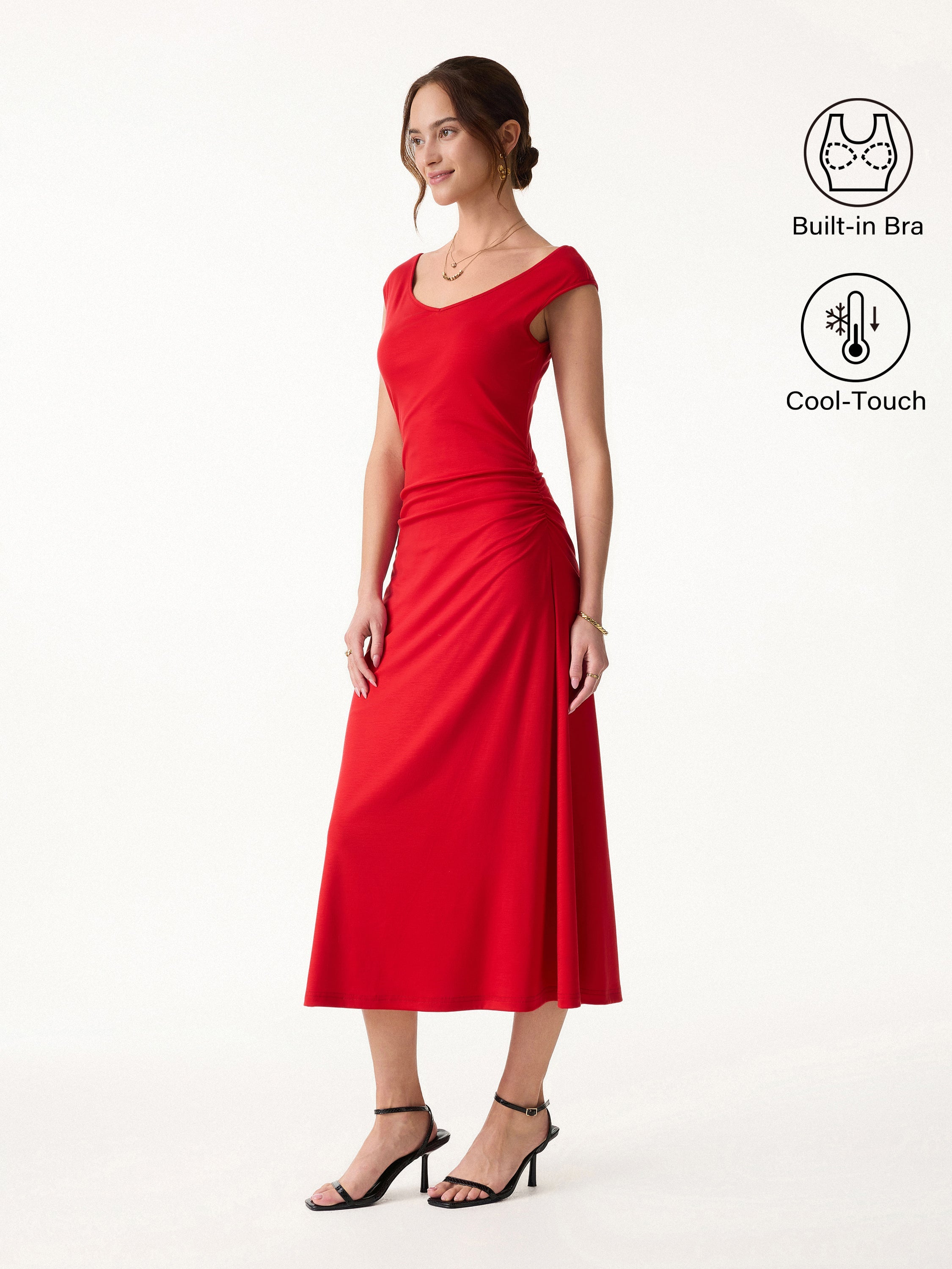 Cooling Lyocell V-Neck Ruched Midi Bra Dress