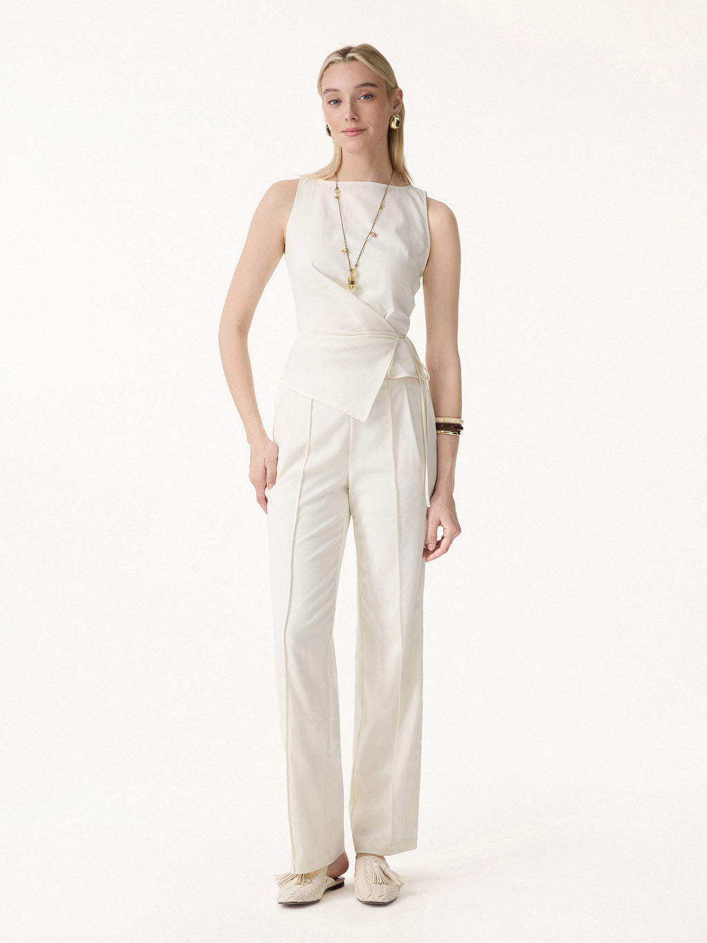 2Pcs Set Boatneck Waist-Defined Top & Pintuck Wide Leg Pant