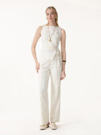 2Pcs Set Boatneck Waist-Defined Top & Pintuck Wide Leg Pant