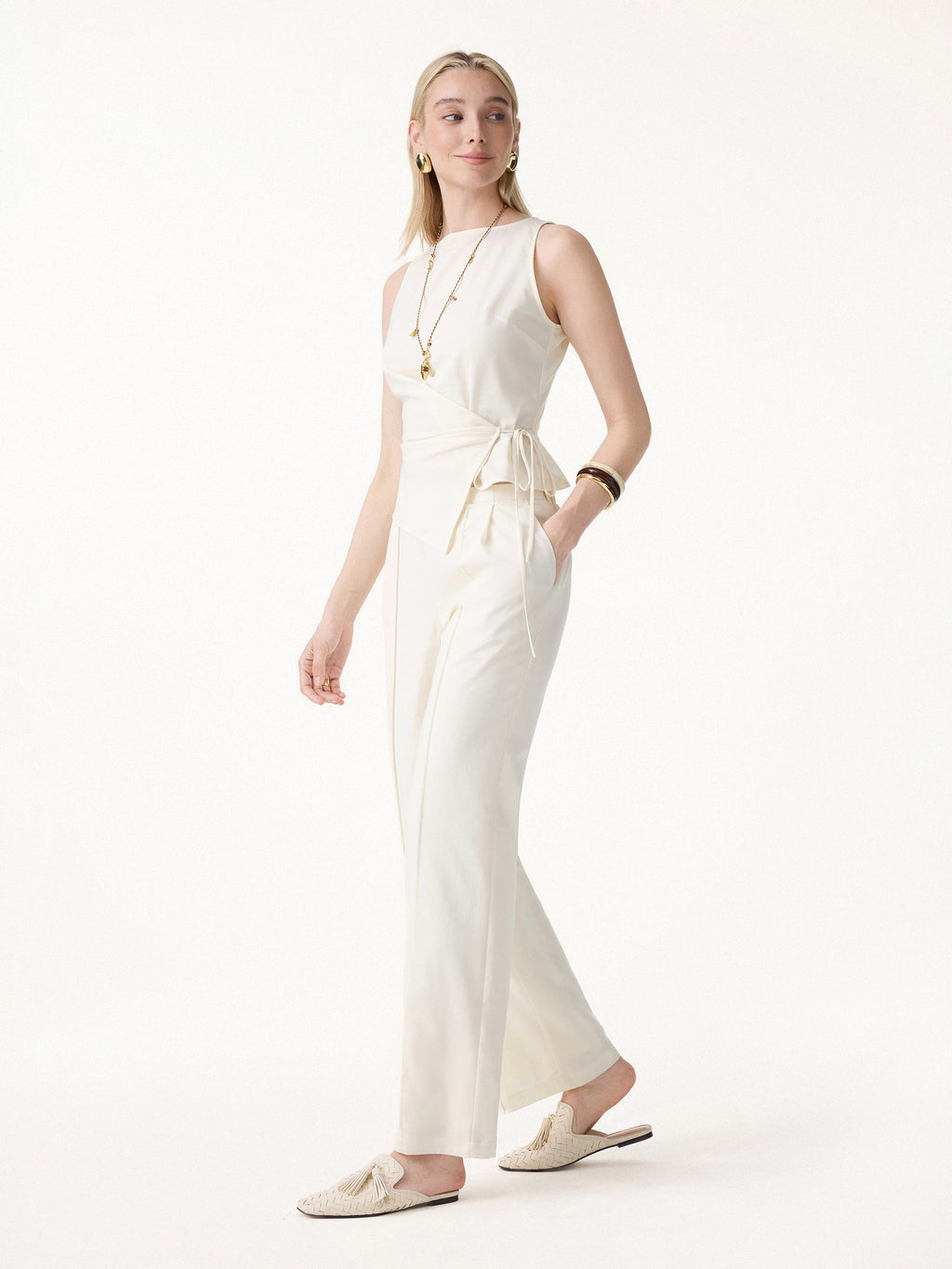 2Pcs Set Boatneck Waist-Defined Top & Pintuck Wide Leg Pant