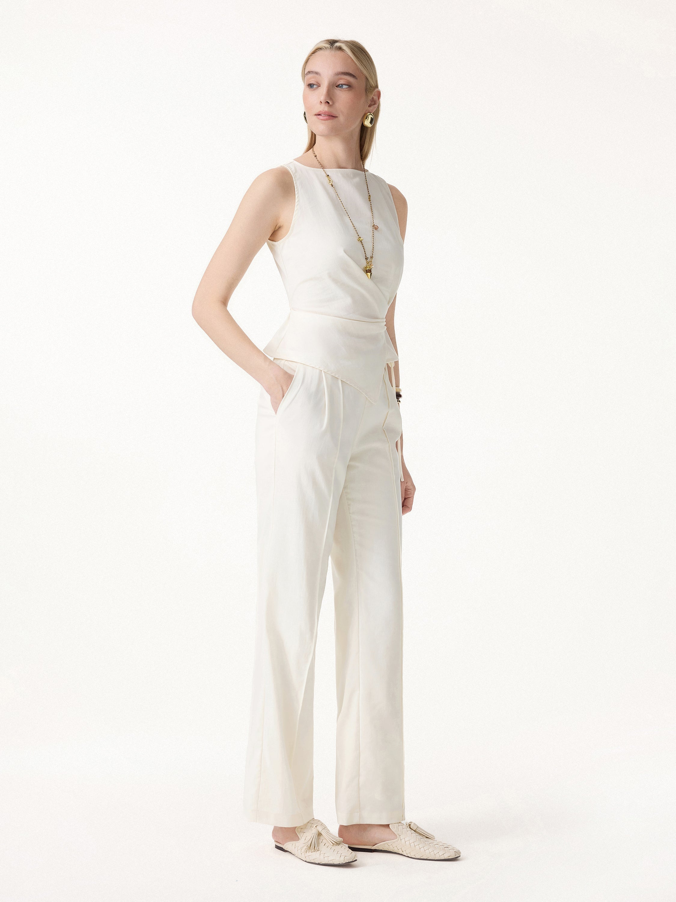 2Pcs Set Boatneck Waist-Defined Top & Pintuck Wide Leg Pant
