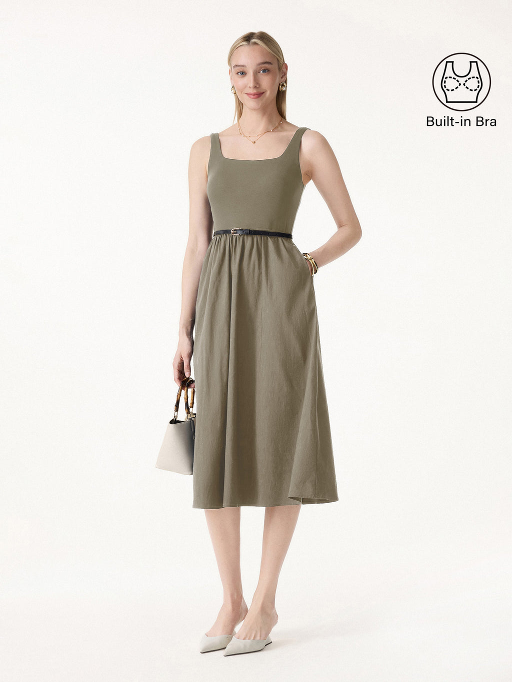 Cotton-Linen Blend Square Neck Fit-and-Flare Midi Bra Dress