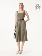 Cotton-Linen Blend Square Neck Fit-and-Flare Midi Bra Dress