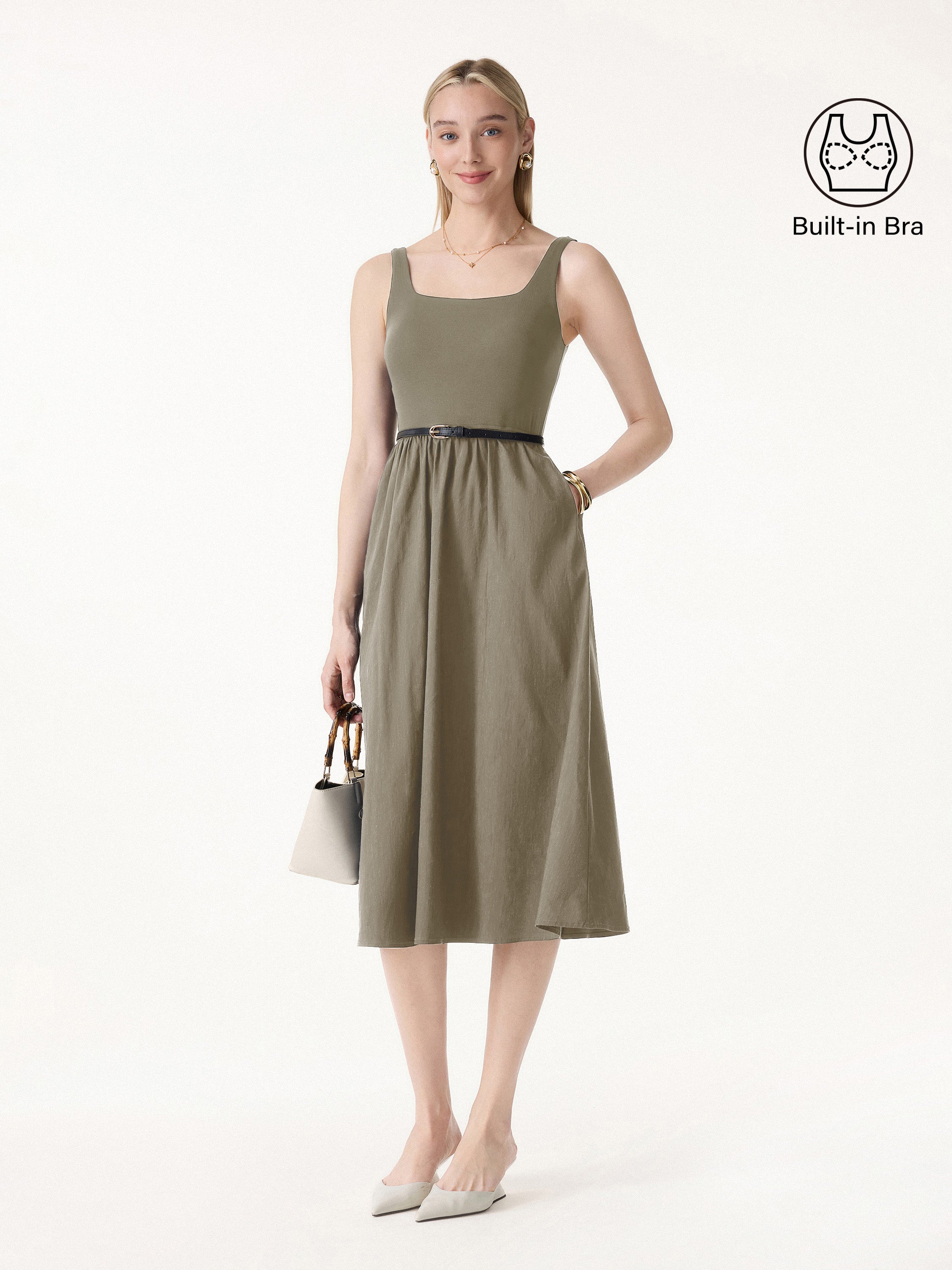Cotton-Linen Blend Square Neck Fit-and-Flare Midi Bra Dress