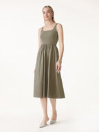 Cotton-Linen Blend Square Neck Fit-and-Flare Midi Bra Dress