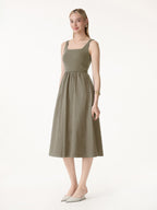 Cotton-Linen Blend Square Neck Fit-and-Flare Midi Bra Dress