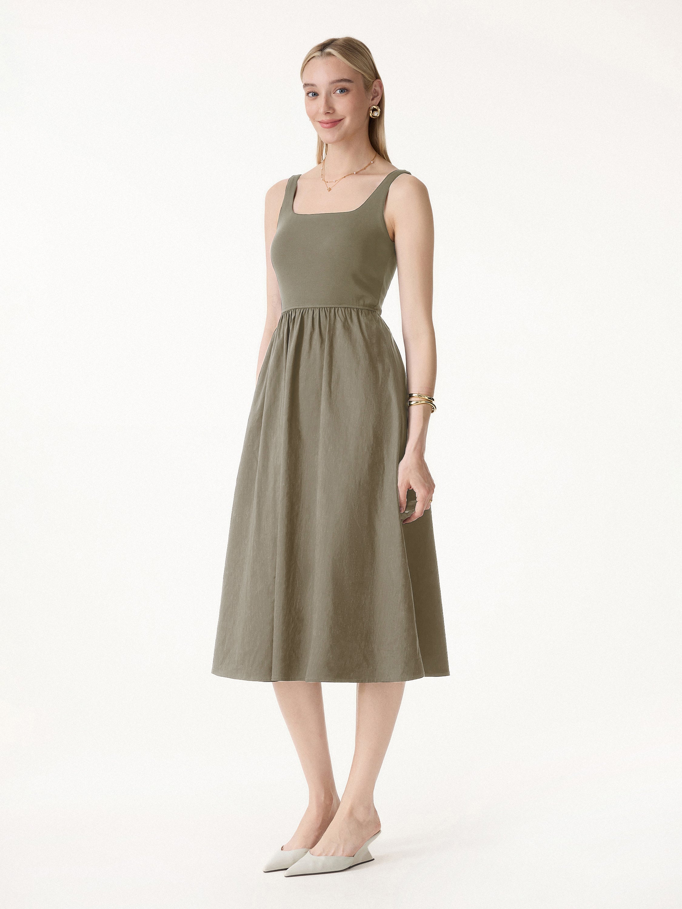 Cotton-Linen Blend Square Neck Fit-and-Flare Midi Bra Dress